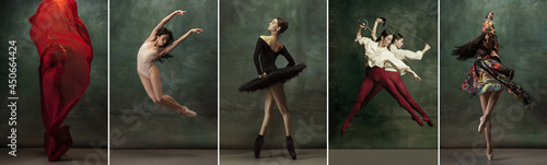 Collage of portraits of female ballet dancers dancing on dark vintage studio background. Concept of art, theater, beauty and creativity