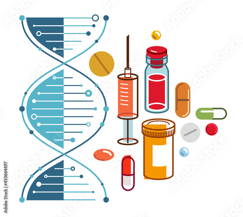 DNA strand based medical theme composition with lots of different drugs and meds vector illustration isolated, drugstore or medical biotechnology scientific research.