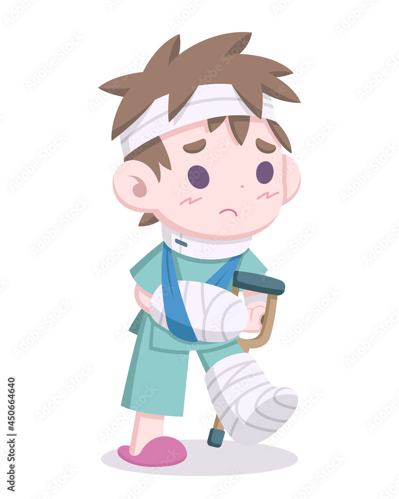 Cute style injured man with head and limb bandages cartoon illustration
