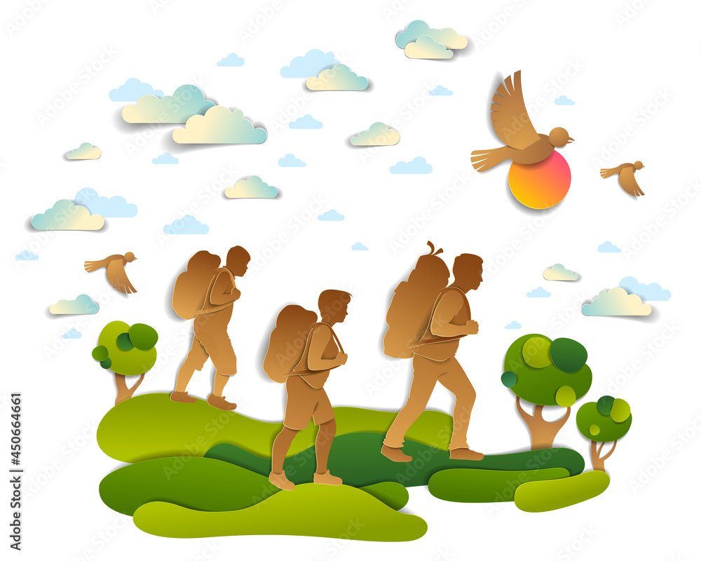 Happy active family hiking through meadows and fields with trees and birds in the summer sky. Father mother and son hikers having time of freedom in nature summer holidays, vector illustration. Happy active family hiking through meadows and fields with trees and birds in the summer sky. Father mother and son hikers having time of freedom in nature summer holidays, vector illustration.