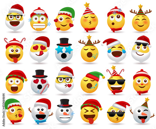 Christmas smileys character vector set. Christmas cartoon character like santa claus, snow man, elf and smiley in different facial expression like inlove, sleeping and cold for cute flat avatar.