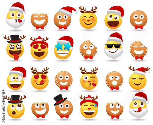 Christmas smileys character vector set. Christmas cartoon character like santa claus, ginger bread and smiley in different facial expression like dizzy, inlove and surprise for xmas holiday flat.