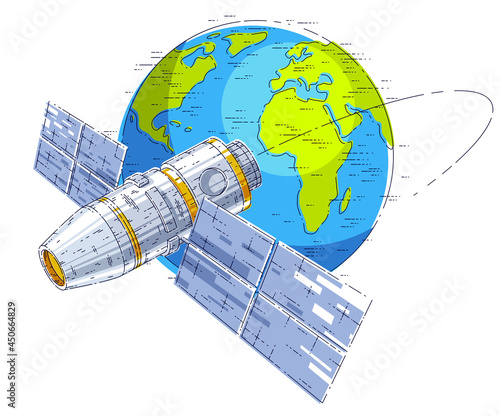Space station flying orbital spaceflight around earth, spacecraft spaceship iss with solar panels, artificial satellite. Thin line 3d vector illustration.