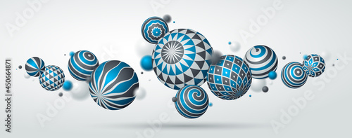 Realistic decorated spheres vector illustration, abstract background with beautiful balls with patterns and depth of field effect, 3D globes design concept art.