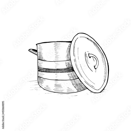 Saucepan. Hand-drawn sketch. Black and white illustration, vector.