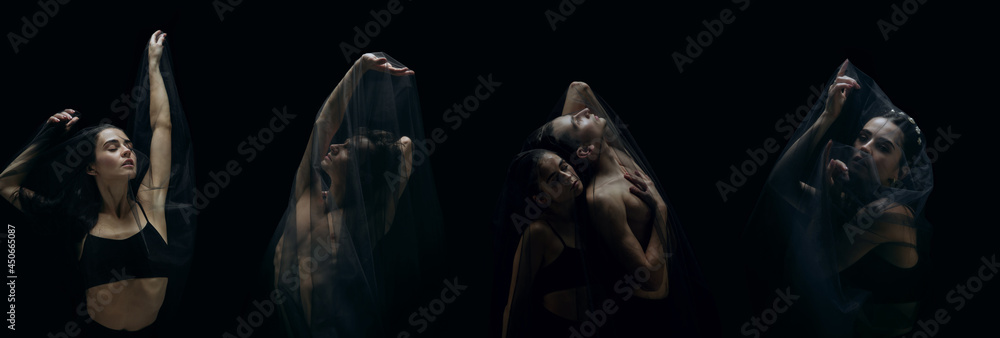 Φωτογραφία The photo as art - a sensual and emotional dance of beautiful ballerina through the veil on a dark background