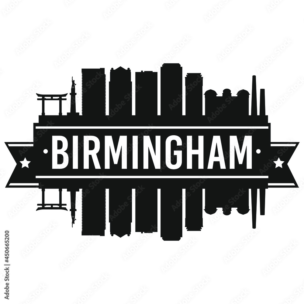 Birmingham Alabama Skyline. Banner Vector Design Silhouette Art. Cityscape Travel Monuments.