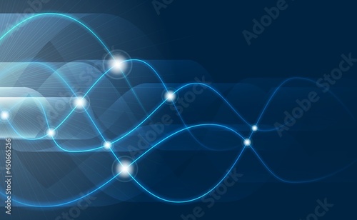 Background for a presentation on physics. Electromagnetic waves. Abstract vector illustration of curved lines with transitions and bright flashes on a blue background.