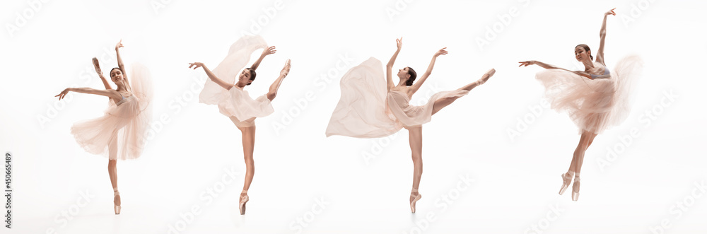 Collage of portraits of one young beautiful female ballet dancer with yellow fabric in action isolated on white background. Concept of art, theater, beauty and creativity - obrazy, fototapety, plakaty 