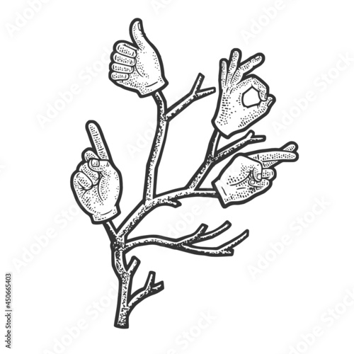 Hand gesture tree branch sketch engraving vector illustration. T-shirt apparel print design. Scratch board imitation. Black and white hand drawn image.