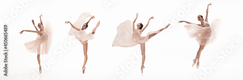 Foto Collage of portraits of one young beautiful female ballet dancer with yellow fabric in action isolated on white background
