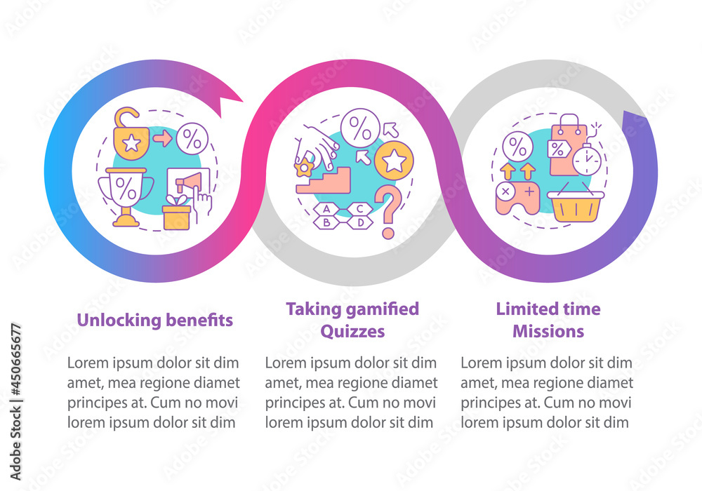 Gamified reward programs examples vector infographic template. Presentation outline design elements. Data visualization with 3 steps. Process timeline info chart. Workflow layout with line icons