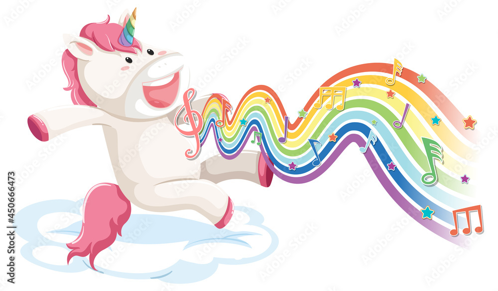 Unicorn jumping on the cloud with melody symbols on rainbow wave