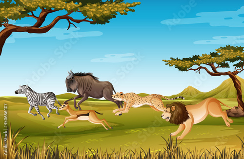 Group of Wild African Animal in the forest scene