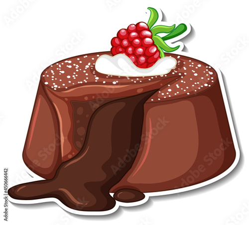 Chocolate lava cake with raspberry sticker isolated on white background