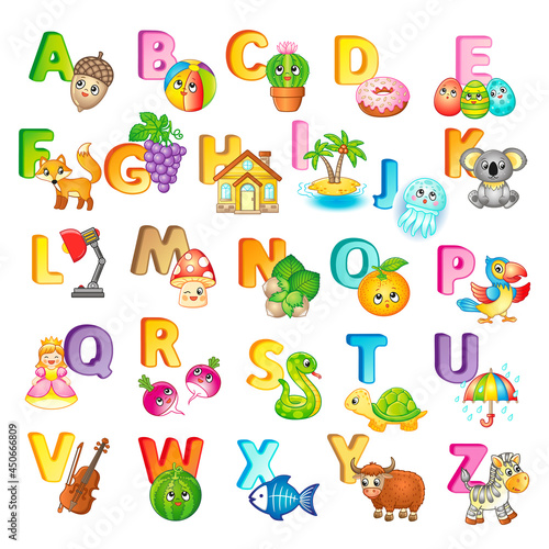 Fototapeta Naklejka Na Ścianę i Meble -  Poster with capital letters of the English alphabet, cute cartoon zoo animals and things. For kindergarten and preschool education. Cards for learning English