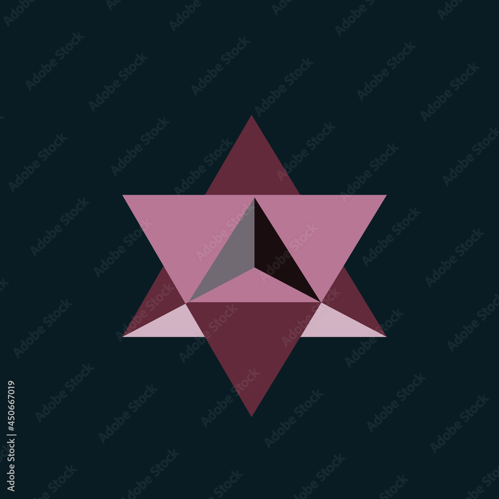 Geometric star logo. Abstract  three dimensional icon. Modern design, minimalist sign isolated on dark background. Sacred geometry symbol. Triangle elements. Origami style.