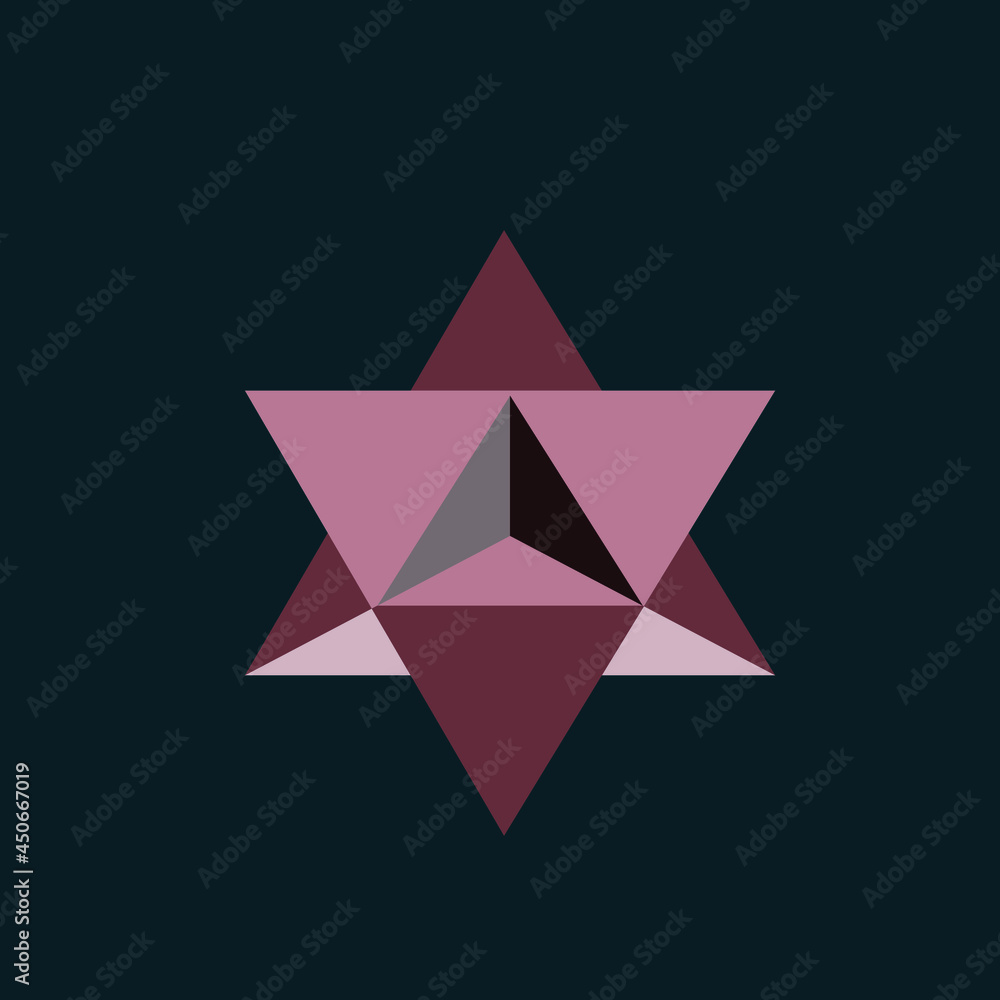 Geometric star logo. Abstract three dimensional icon. Modern design, minimalist sign isolated on dark background. Sacred geometry symbol. Triangle elements. Origami style. Geometric star logo. Abstract three dimensional icon. Modern design, minimalist sign isolated on dark background. Sacred geometry symbol. Triangle elements. Origami style.