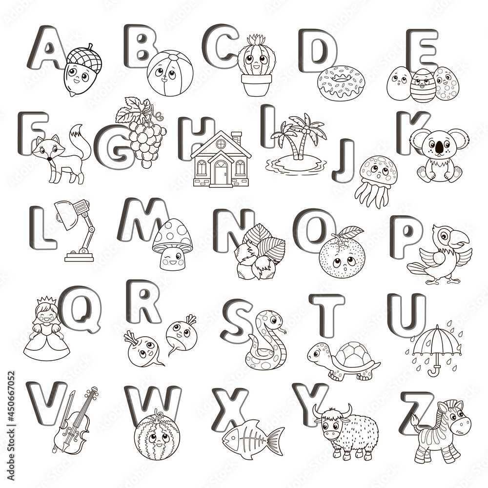 Vector ABC poster. Capital letters of the English alphabet with cute cartoon zoo animals and things. Coloring page for kindergarten and preschool education. Cards for study English Vector ABC poster. Capital letters of the English alphabet with cute cartoon zoo animals and things. Coloring page for kindergarten and preschool education. Cards for study English