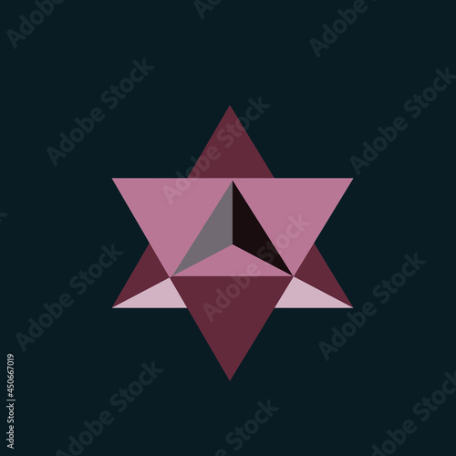 Geometric star logo. Abstract  three dimensional icon. Modern design, minimalist sign isolated on dark background. Sacred geometry symbol. Triangle elements. Origami style.