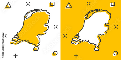 Vector cartoon Netherlands map icon in comic style. Netherlands sign illustration pictogram. Cartography map business splash effect concept.