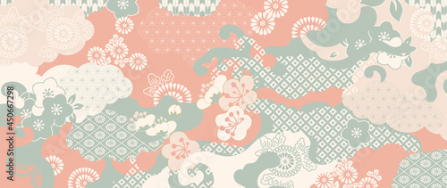 Luxury gold oriental style background vector. Chinese and Japanese oriental line art with golden texture. Wallpaper design with Ocean and wave wall art. Vector illustration.