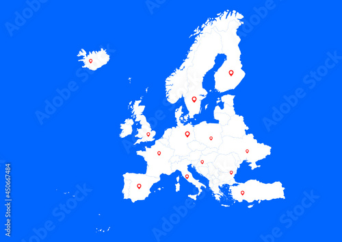 Europakarte weiß. Blauer Hintergrund. Rote Marker. Vektor.