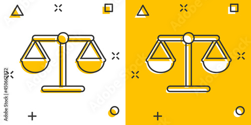 Vector cartoon scale weigher icon in comic style. Weigher sign illustration pictogram. Balance business splash effect concept.