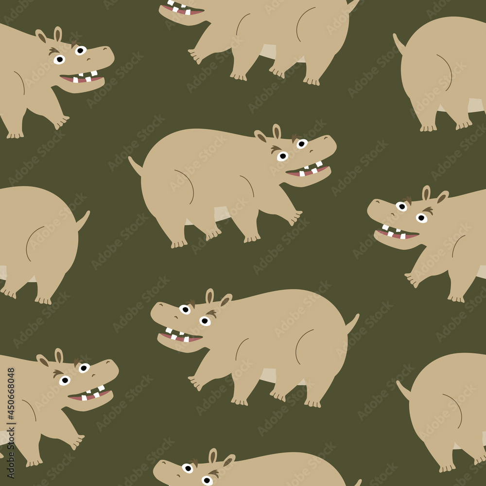 Obraz premium Creepy hippo with funny teeth. African safari animals on a green background. Baby character hand drawn vector illustration. Cute hippopotamus seamless pattern.