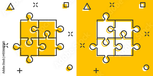 Puzzle compatible icon in comic style. Jigsaw agreement vector cartoon illustration on white isolated background. Cooperation solution business concept splash effect.