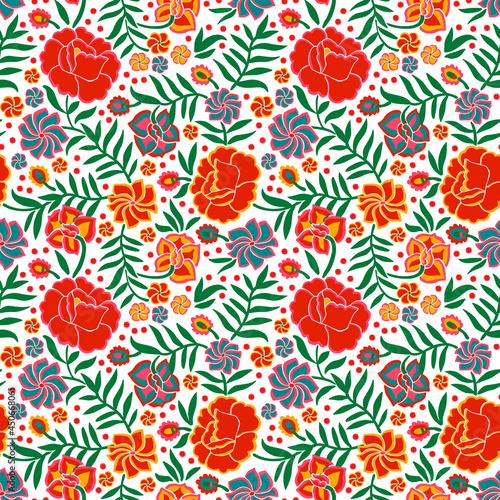 Seamless pattern with animal and floral ornament in the style of Mexican otomi embroidery