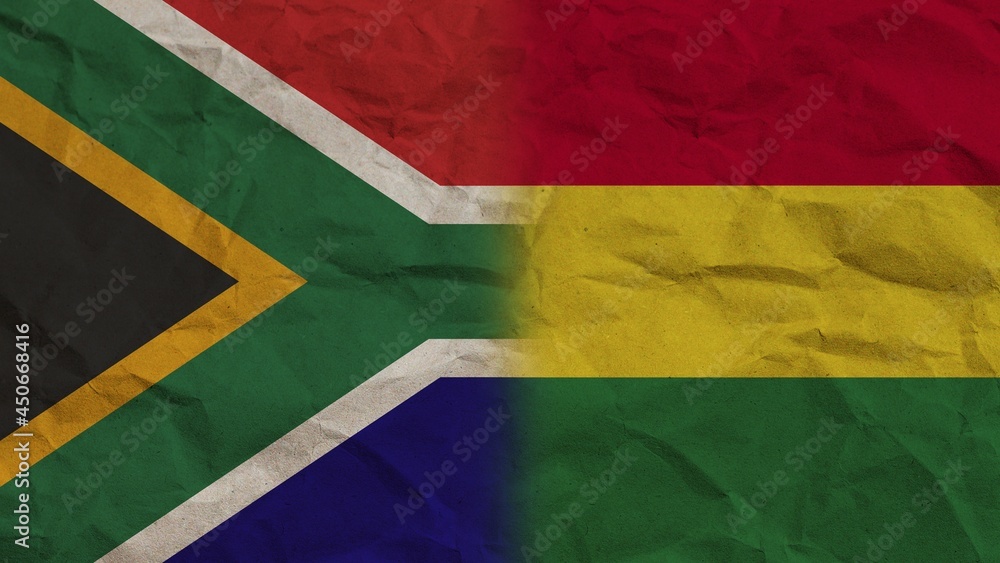Bolivia and South Africa Flags Together, Crumpled Paper Effect Background 3D Illustration