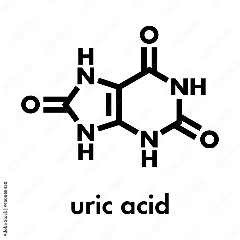 Uric acid molecule. High blood levels lead to gout disease. Skeletal formula. Uric acid molecule. High blood levels lead to gout disease. Skeletal formula.