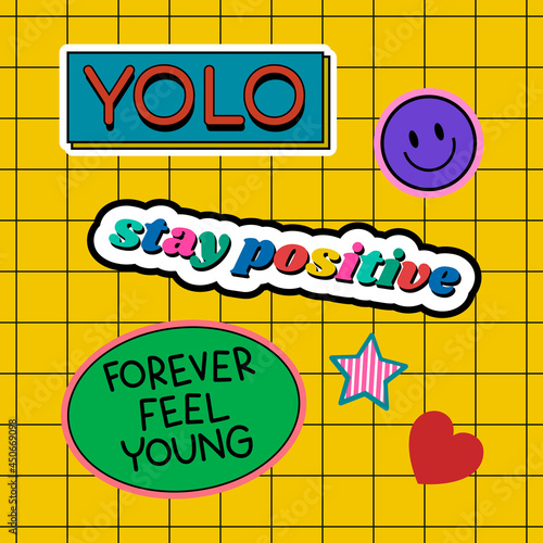 Cute positive sticker illustrations on a yellow grid background vector