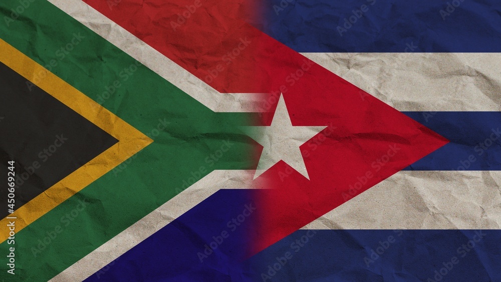 Cuba and South Africa Flags Together, Crumpled Paper Effect Background 3D Illustration