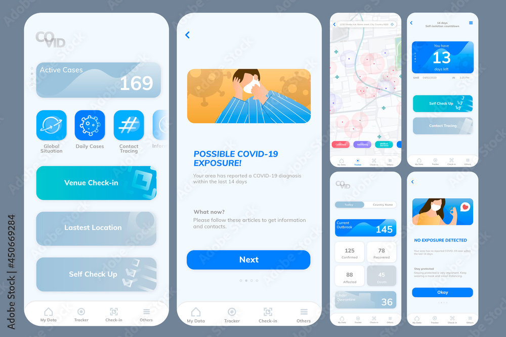 COVID-19 tracking application template vector mobile screen COVID-19 tracking application template vector mobile screen
