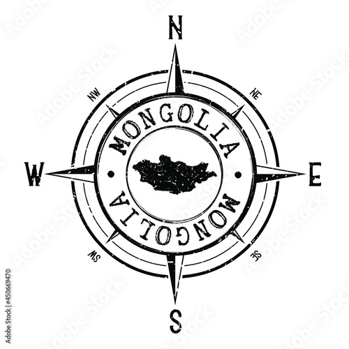 Mongolia Stamp Map Compass Adventure. Illustration Travel Country Symbol. Seal Expedition Wind Rose Icon.