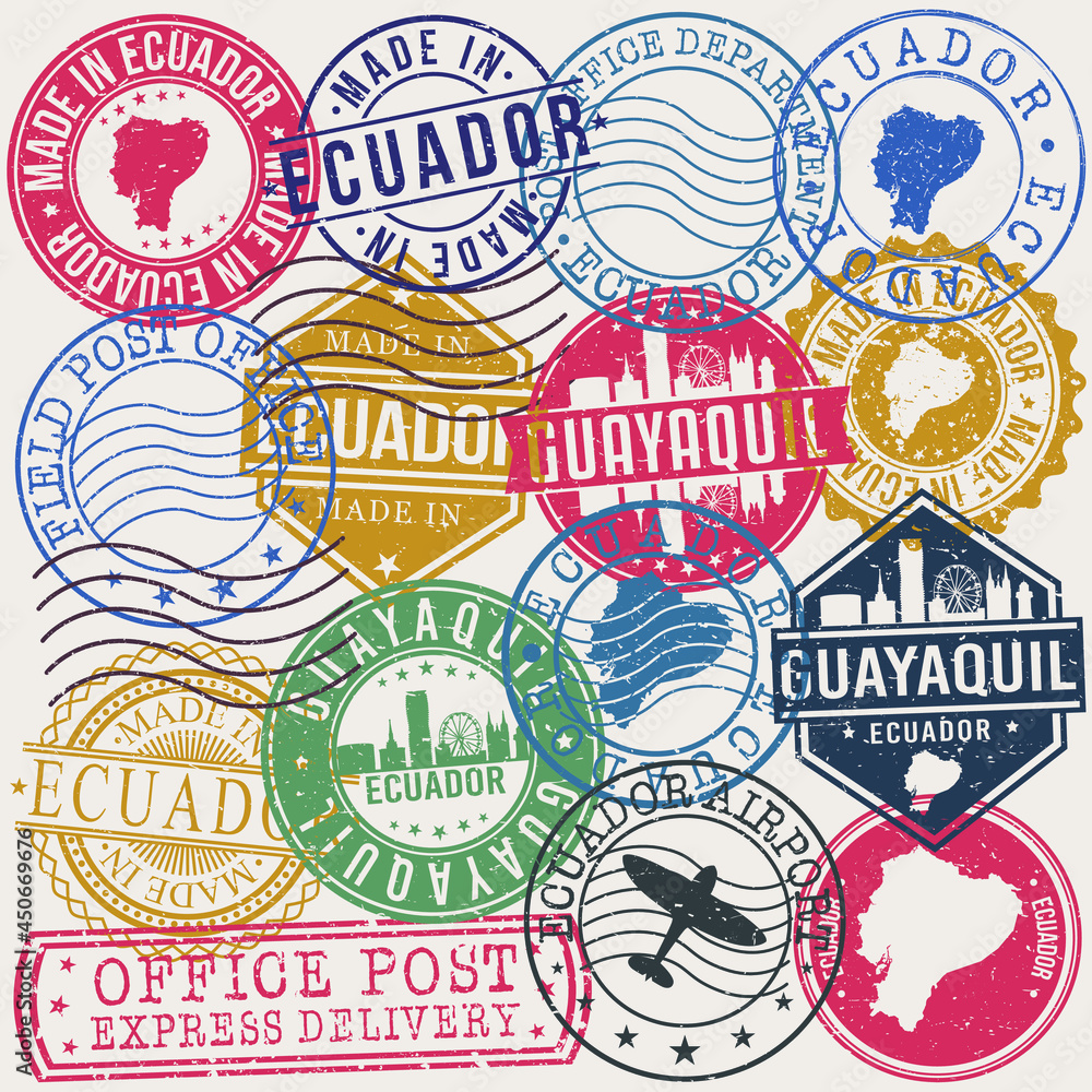 Guayaquil, Ecuador Set of Stamps. Travel Stamp. Made In Product. Design Seals Old Style Insignia.