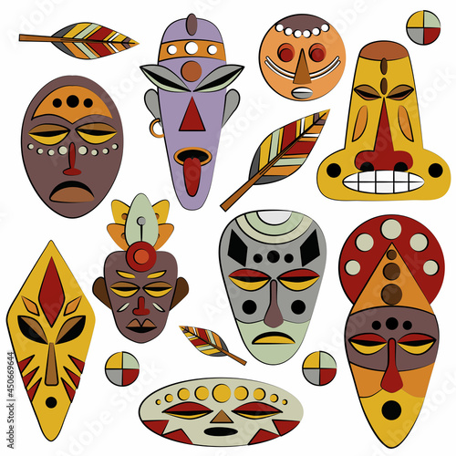 A set of African, ethnic masks. National ornaments. Flat vector illustration. Rituals and initiations. Mysticism and magic. Items for the ceremony.