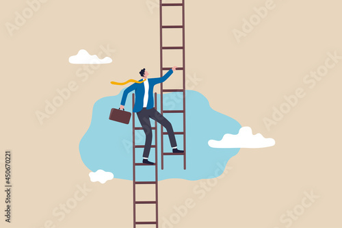 Change job to get growth opportunity, new career path development, transform business to improve for success or achieve target concept, confidence businessman climb up ladder to change to new path. photo
