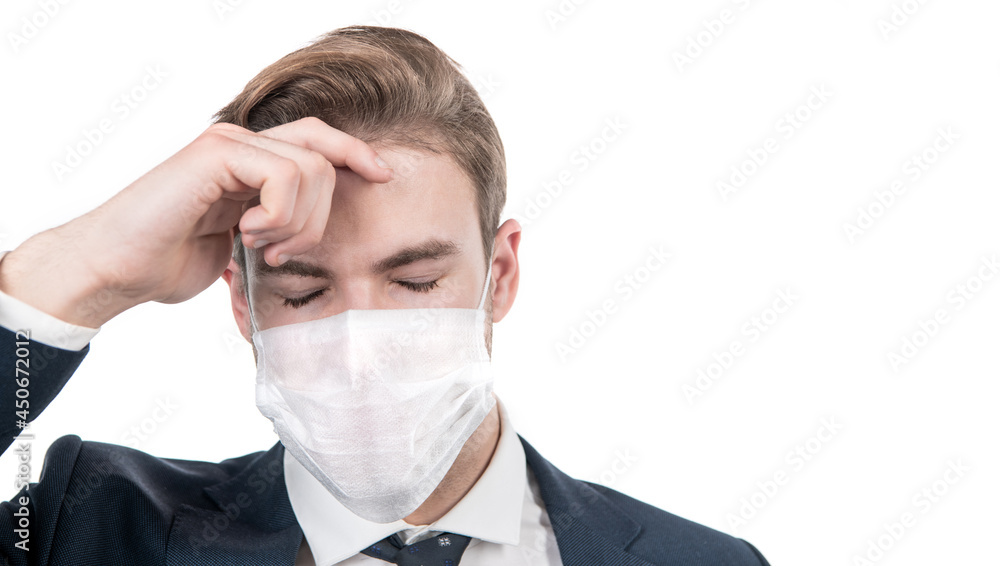 businessman in respirator has headache. covid19 prevention. tired man in mask during coronavirus businessman in respirator has headache. covid19 prevention. tired man in mask during coronavirus