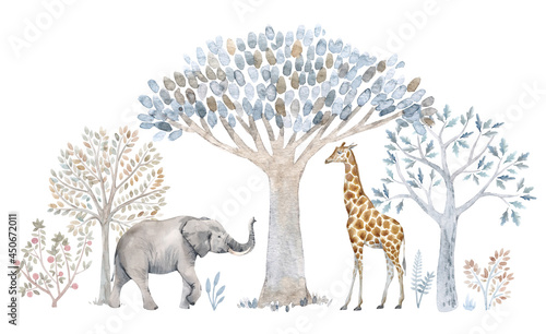 Beautiful composition with hand drawn watercolor cute trees and safari animals. Stock illustration.