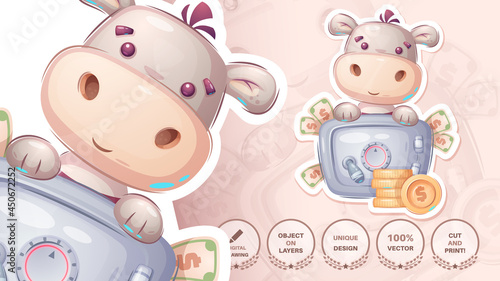 Hippo with safe money - cute sticker