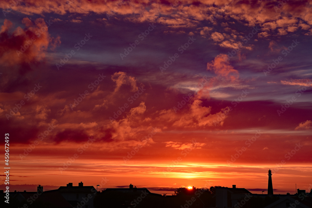 Midnight sunset over northen norwegian village 