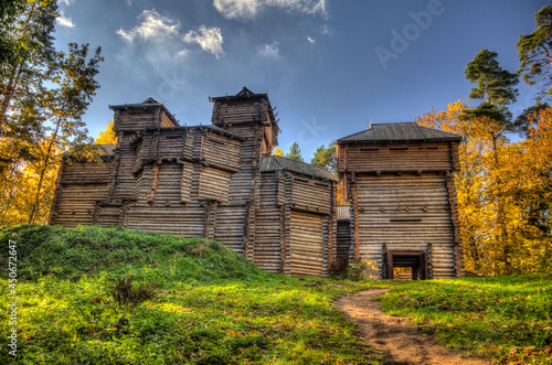 Reconstructed wooden castle in Tervete on autumn day, Latvia.