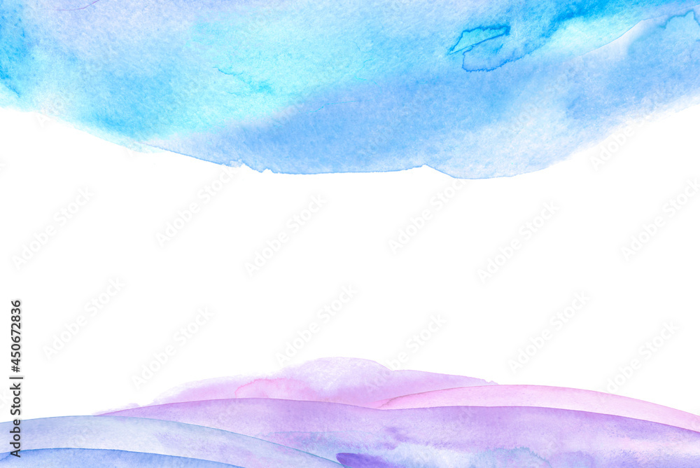 Abstract blue watercolor on white background.The color splashing on the paper.Watercolor splash stain blue. Abstract blot, background. Watercolor field, sky and grass. Abstract suburban landscape,hill