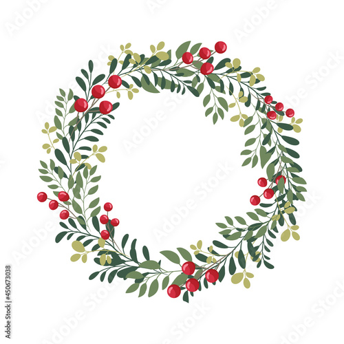 Christmas wreath made of branches, leaves and red berries.