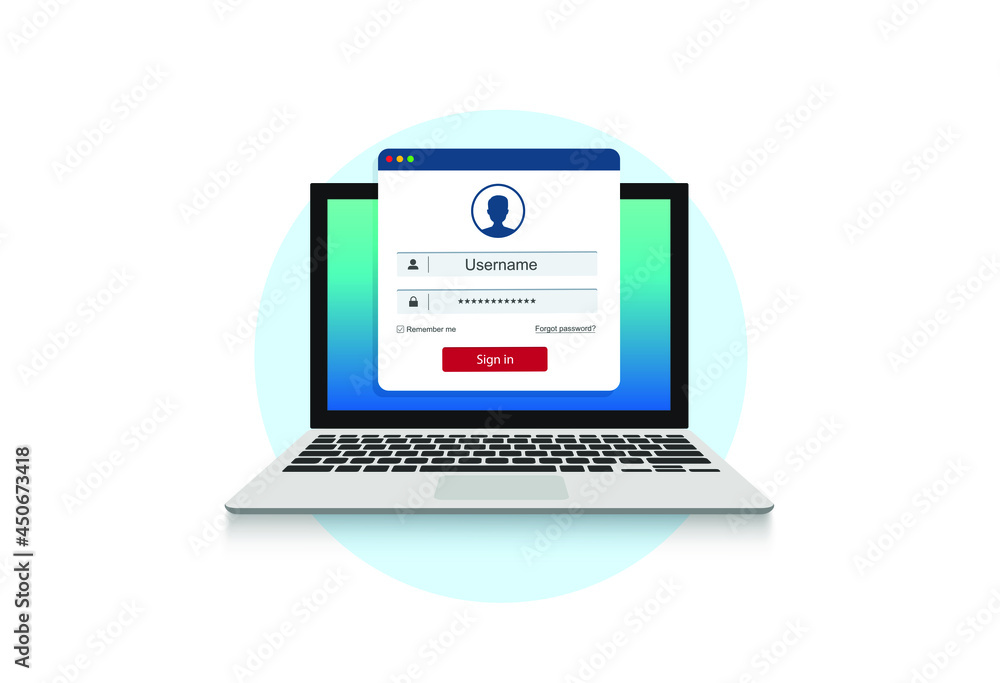 Sign in to account, user authorization, login authentication page concept. Laptop with login and password form page on screen. Vector stock illustration.