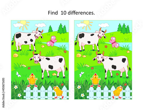 Find ten differences picture puzzle with milk cows grazing on the pasture, fence, playfull chicks
