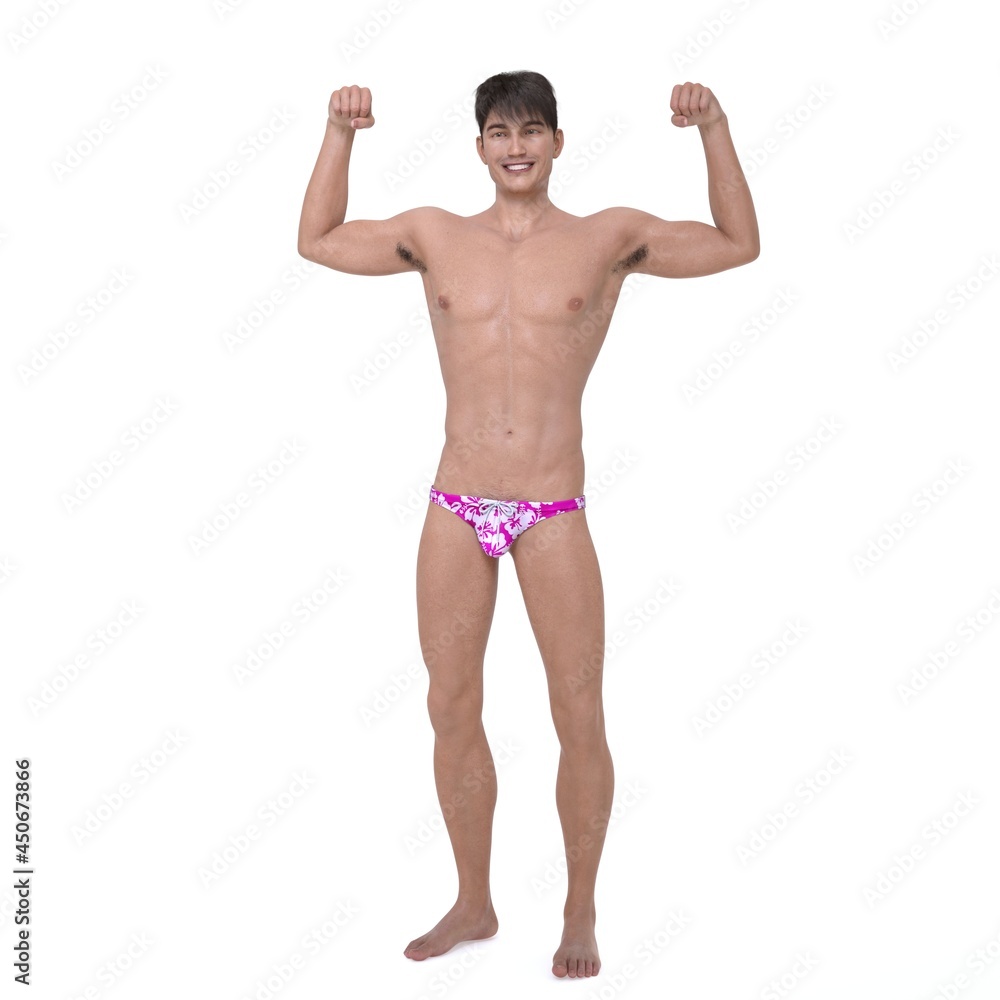 3D Render : a smiling guy with summer styles bikini ,isolated